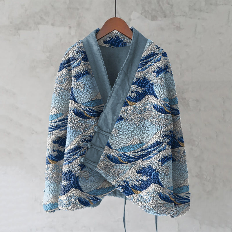Vintage Japanese Waves Art Cozy Fleece Kimono Cardigan