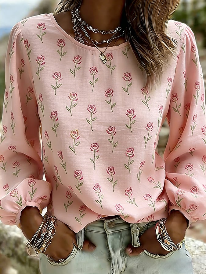 Women's Casual Floral Print Long-Sleeved Top