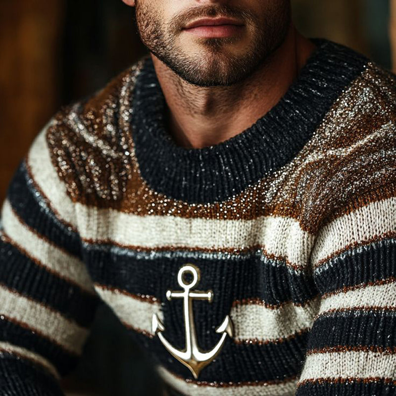 Vintage Anchor Contrast Pattern Warmth Knitted Jacquard Unisex Sweater