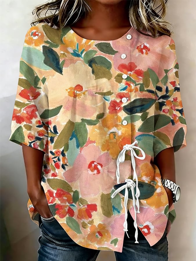 Women's Retro Floral Button Lace Up Tie Shirt