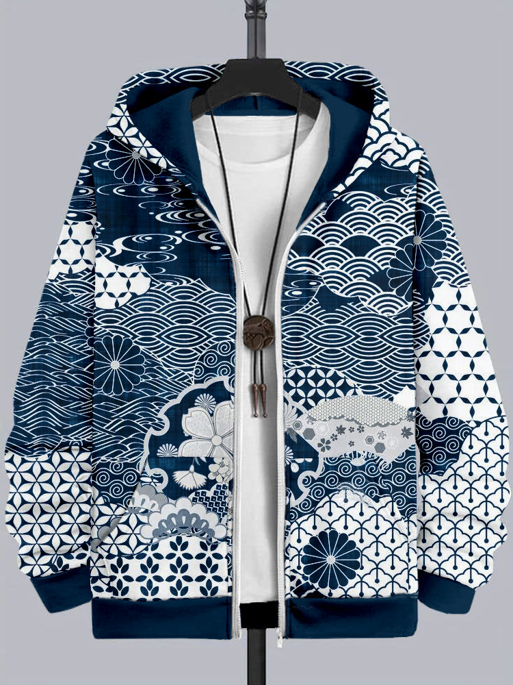 Men's Vintage Japanese Art Comfy Full Zip Hoodie