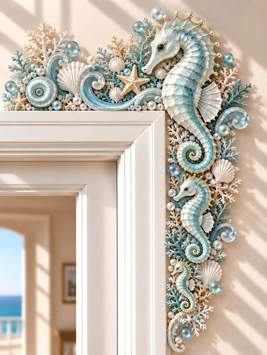 🐚 Nautical Mosaic Sea Horse And Coral Beach Style Door Frame Corner Decor