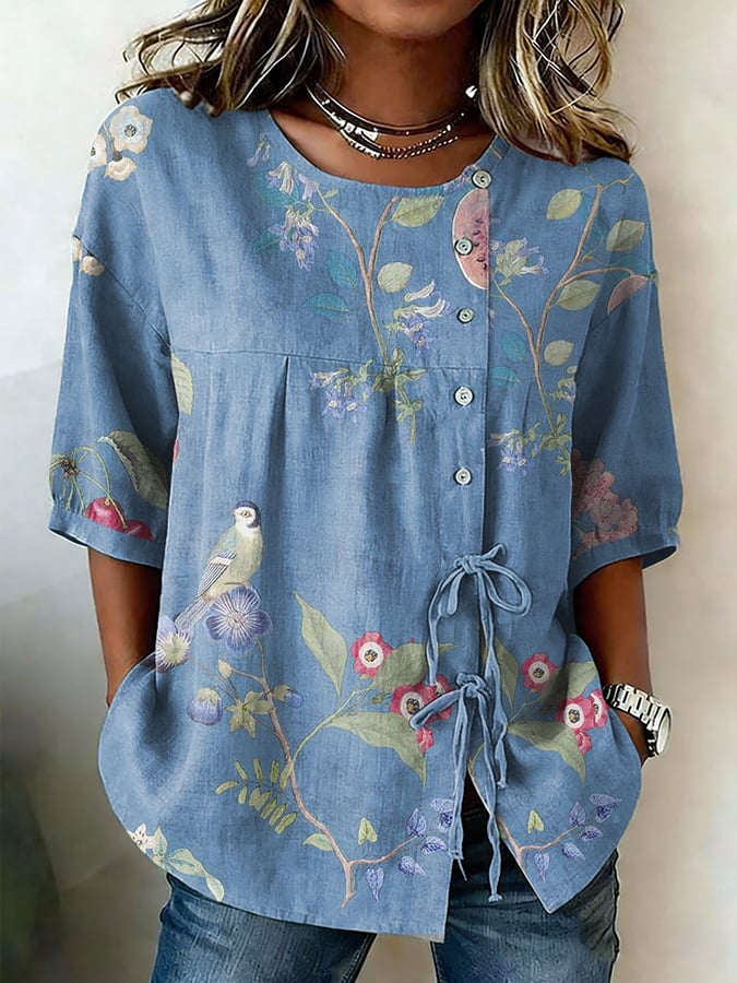 Women's Casual Purple Floral Art-Style Cotton-Linen Shirt