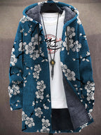 Men's Cherry Blossom Japanese Lino Pattern Cozy Hooded Cardigan