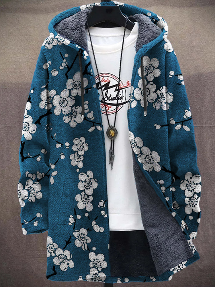 Men's Cherry Blossom Japanese Lino Pattern Cozy Hooded Cardigan