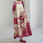 Vintage Japanese Floral Embroidered Linen Blend Maxi Dress