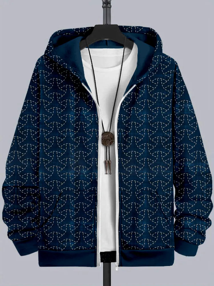 Men's Maru Bishamon Japanese Sashiko Art Zip Cozy Hoodie