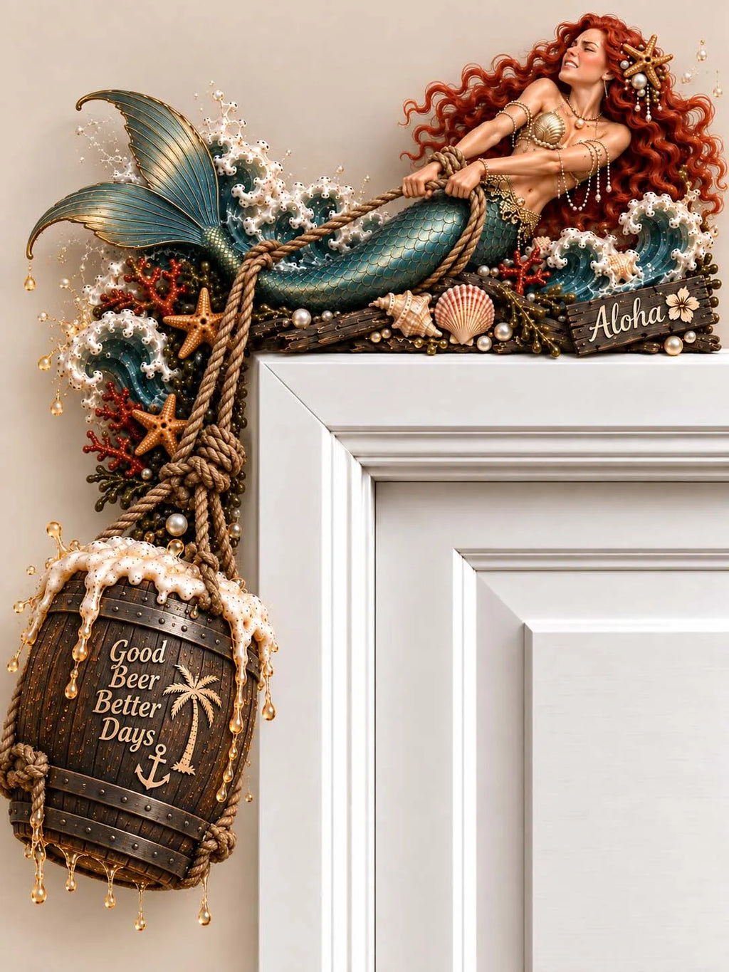 🌴 Mermaid with Hanging Beer Barrel Aloha Tropical Door Frame Decor