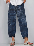 Vintage Japanese Traditional Sashiko Art Cropped Casual Pants