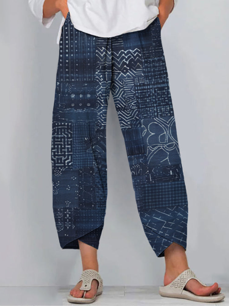 Vintage Japanese Traditional Sashiko Art Cropped Casual Pants