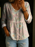 Women's Retro Floral Art Print Button-Up Shirt