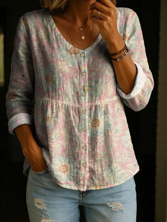 Women's Retro Floral Art Print Button-Up Shirt