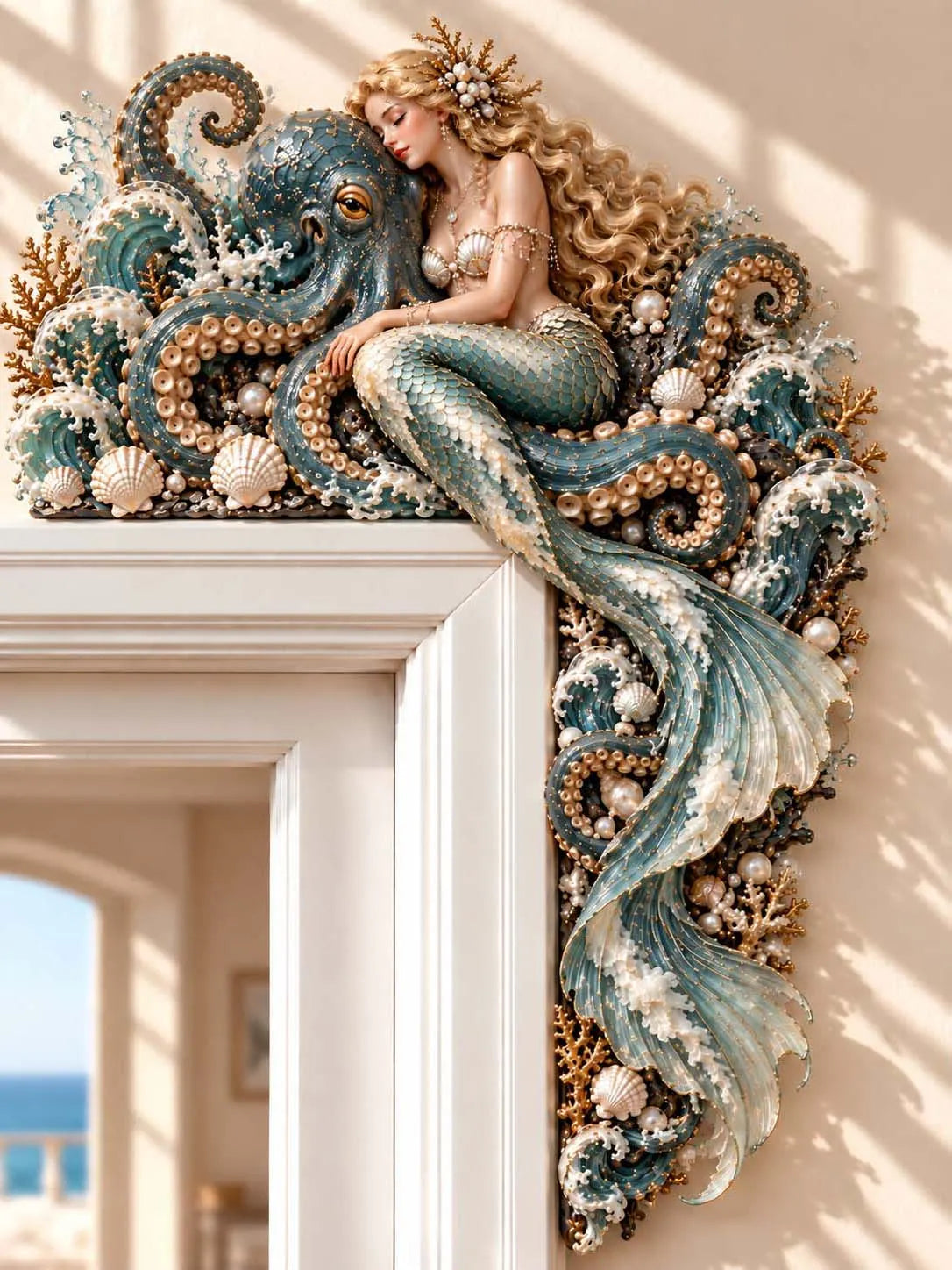 🧜‍♀️ Mermaid & Octopus Ocean Waves Door Corner Wall Art