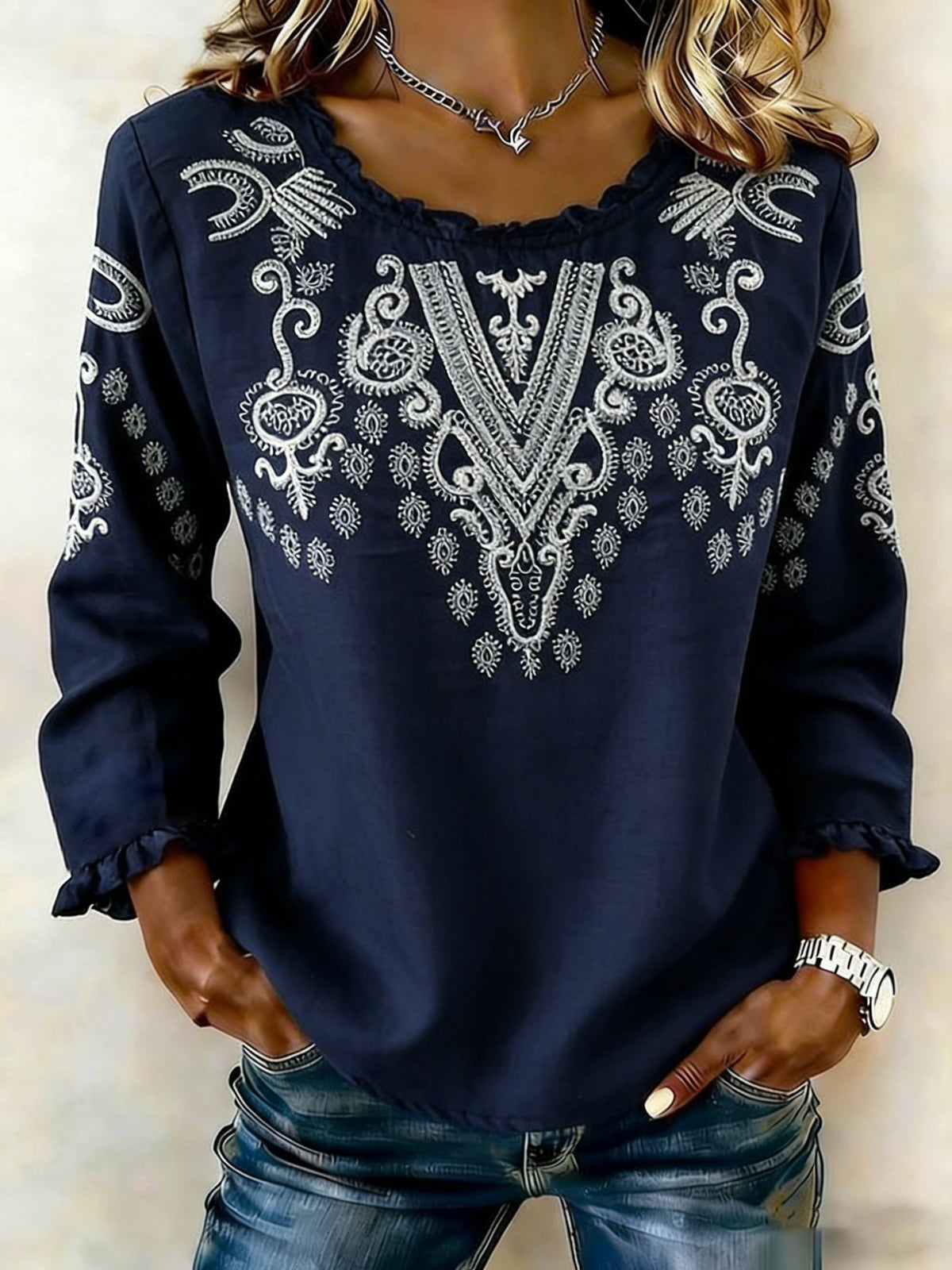 Women's Retro Floral Embroidered Cotton Linen Shirt