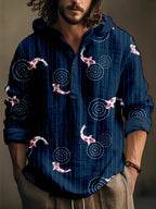Koi Japanese Sashiko Art Linen Blend Hooded Shirt