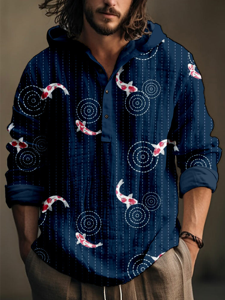 Koi Japanese Sashiko Art Linen Blend Hooded Shirt