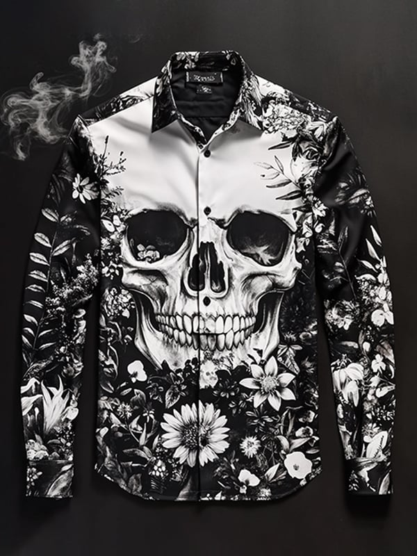 Men's Outdoor Vintage Skull and Floral Long Sleeve Shirt