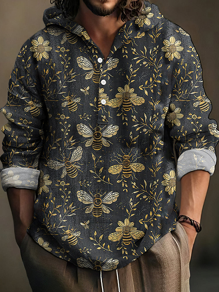 Men's Bees And Flowers Botanical Art Print Linen Hooded Shirt