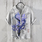 Men'S Japanese Art V Neck Linen Blend Shirt