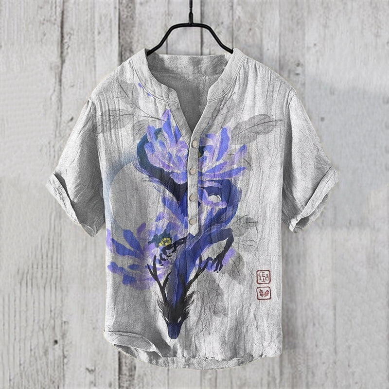 Men'S Japanese Art V Neck Linen Blend Shirt