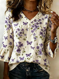 Women's casual purple floral cotton and linen top