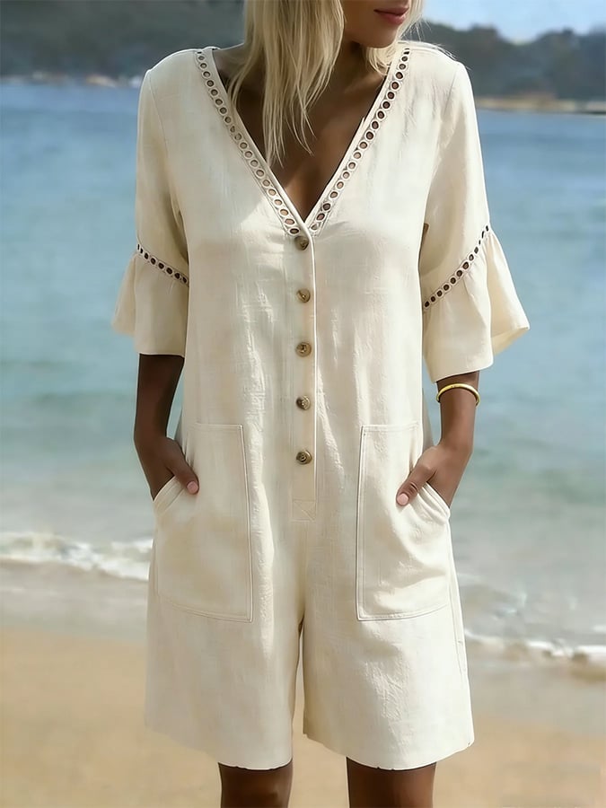 Women's Casual V-Neck Cutout Patchwork Jumpsuit