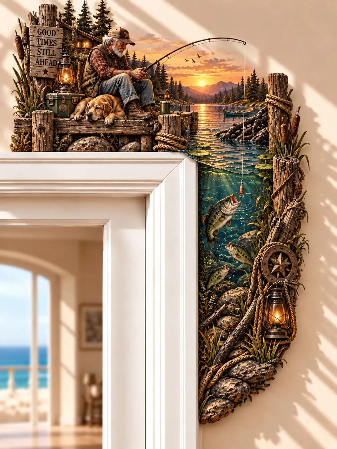 🎣 Good Times Still Ahead Fisherman & Dog Door Corner Decor