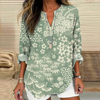 Vintage Japanese Art Flower Print V-Neck Loose Blouse