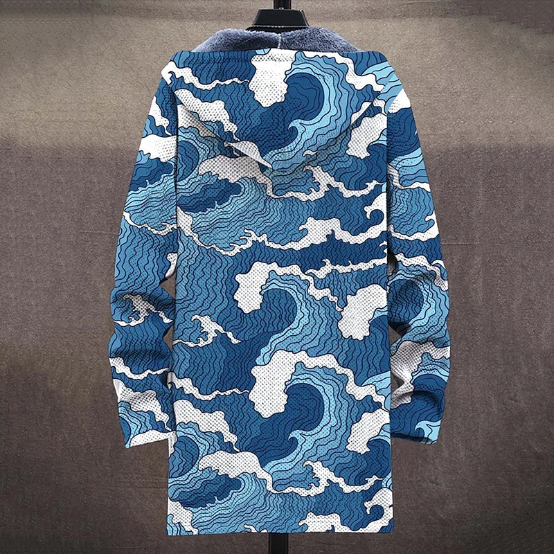 Retro Waves Print Long Sleeve Hooded Cardigan Jacket