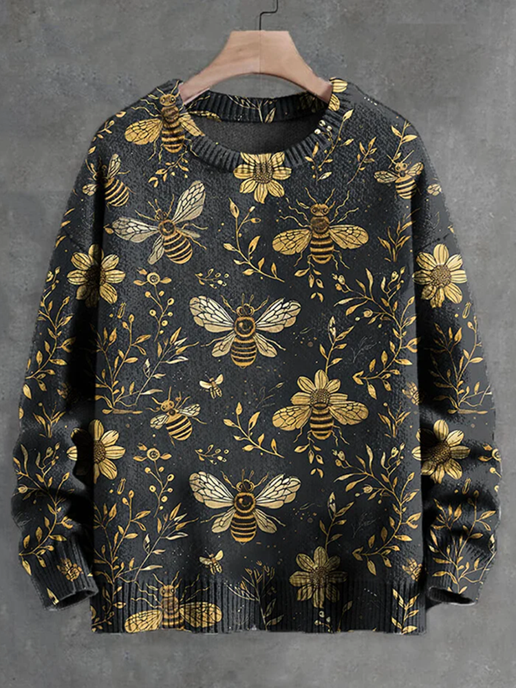 Men's Bees And Flowers Botanical Art Print Casual Knit Crew Neck Sweater