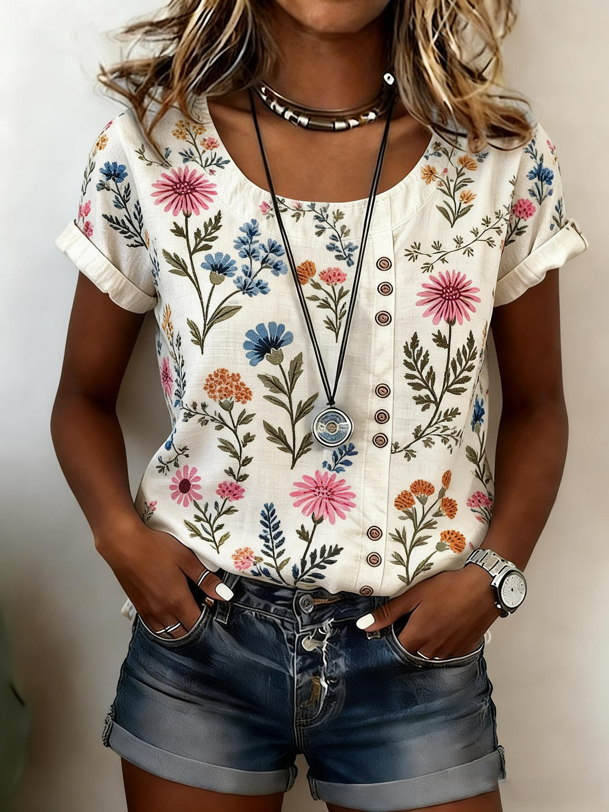 Women's Casual Retro Cotton Linen Floral Top