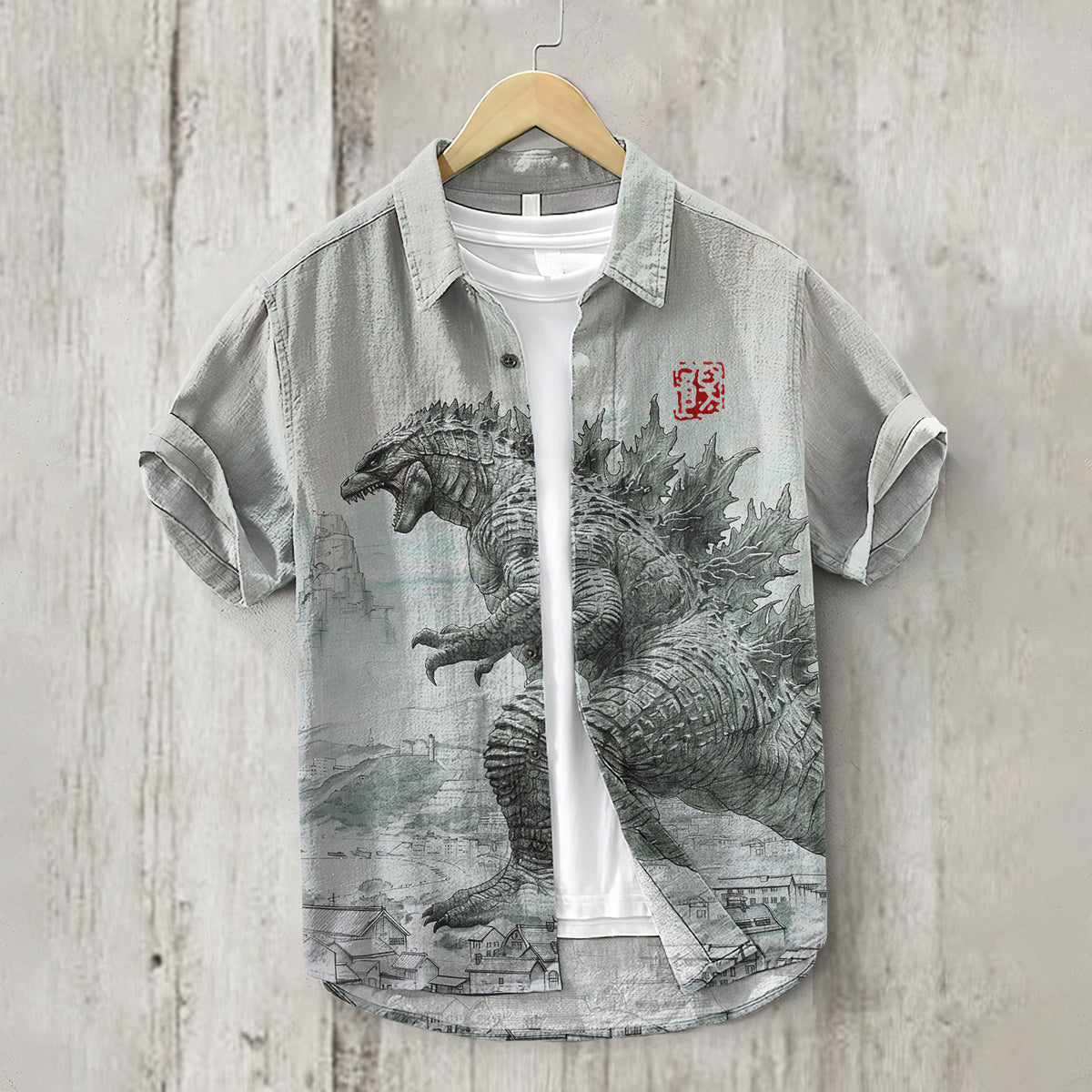 Vintage Godzilla Art Print Short Sleeved Linen Blend Shirt