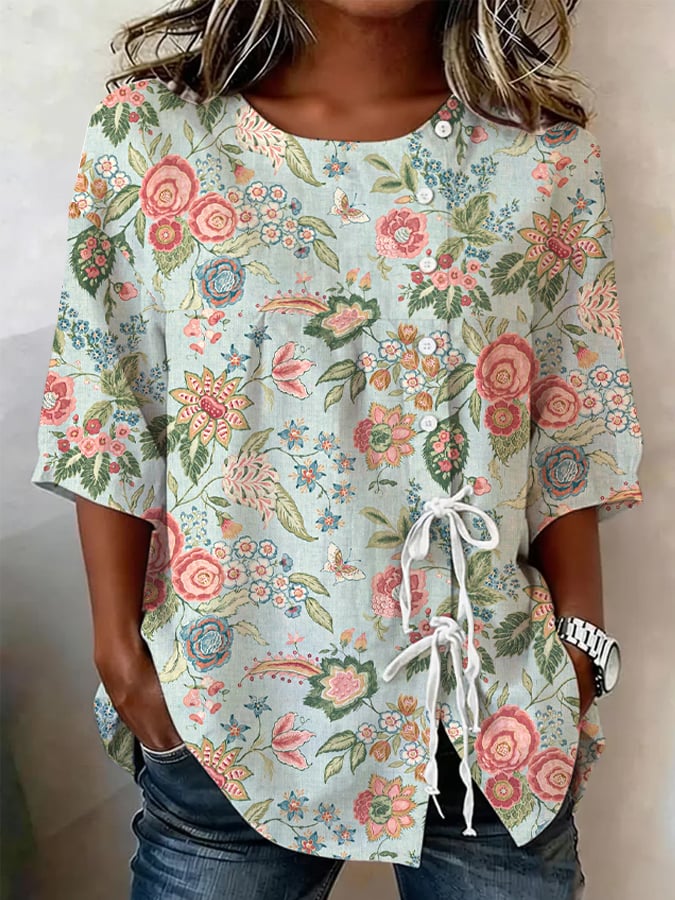 Women's Retro Floral Button Lace Up Tie Shirt