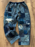 Indigo Striped Patchwork Linen Blend Casual Pants