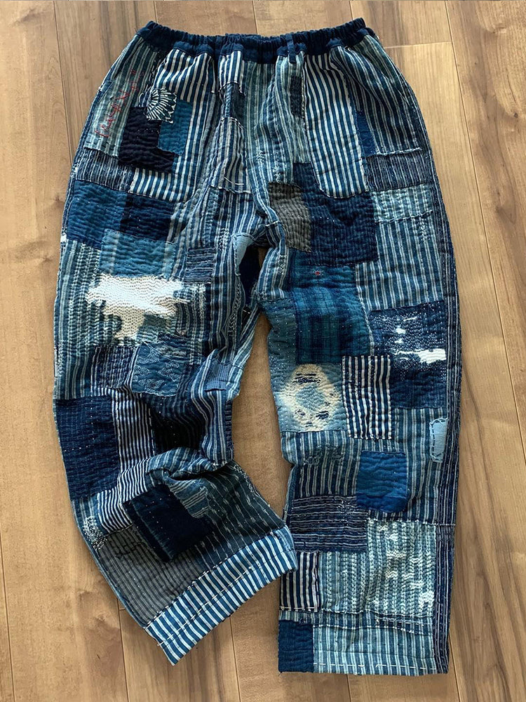 Indigo Striped Patchwork Linen Blend Casual Pants