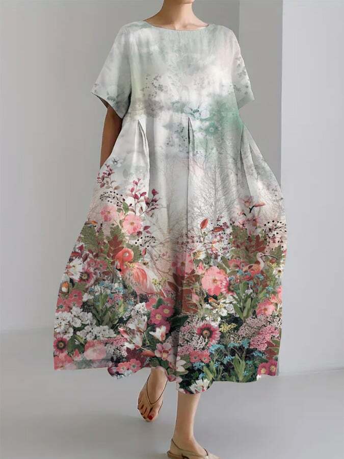 Women's Vintage Floral Design Casual Pocket Loose Dress