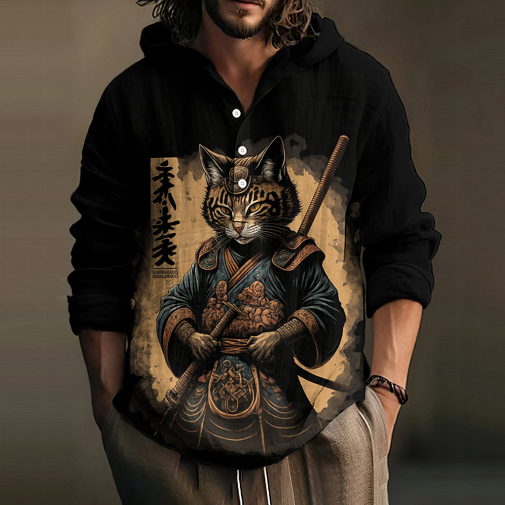 Men's Japanese Warrior Cat Art Print Hooded Shirt