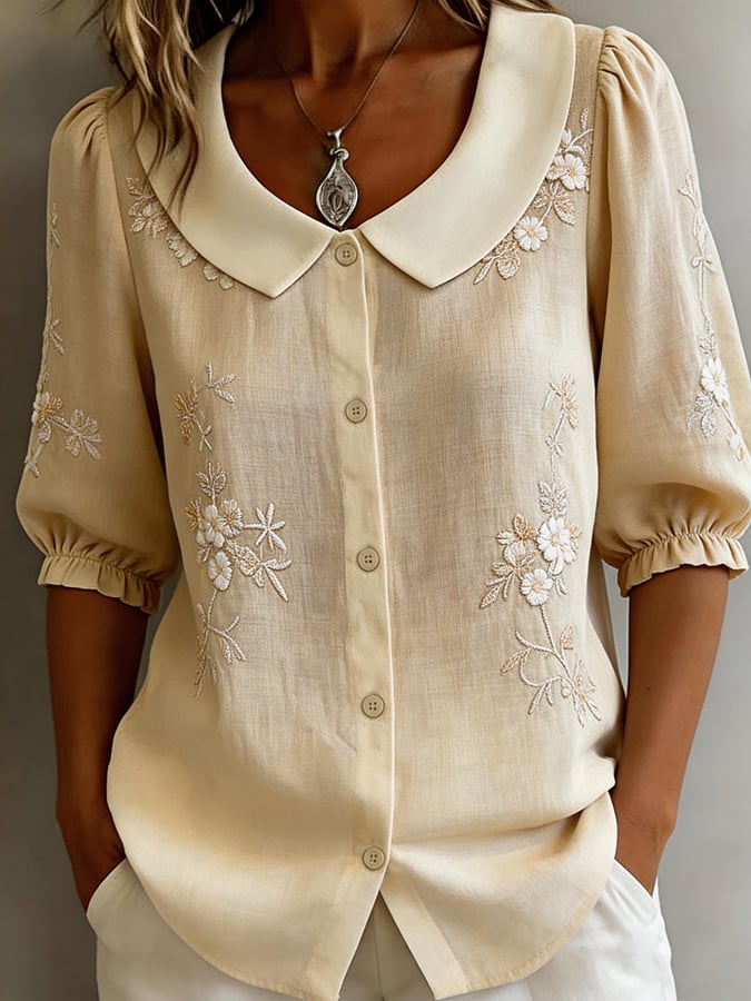Women'S Cotton And Linen Floral Print Top