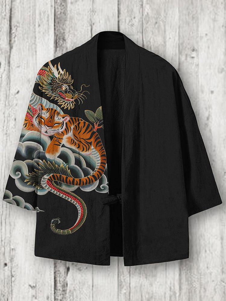 Men's Dragon And Tiger Art Linen Blend Kimono Cardigan