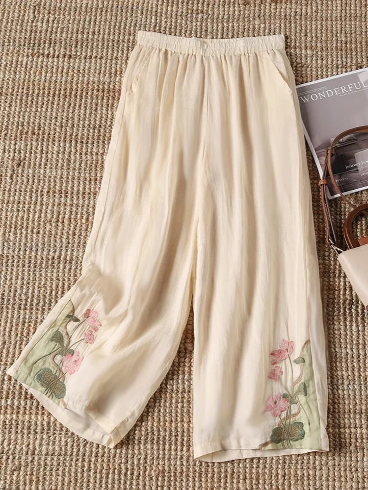 Women's Retro Color Block Floral Cotton Linen Pocket Casual Trousers