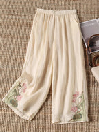Women's Retro Color Block Floral Cotton Linen Pocket Casual Trousers