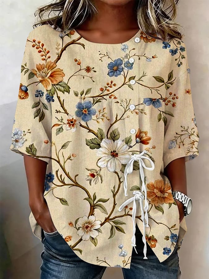 Women's Retro Floral Button Lace Up Tie Shirt