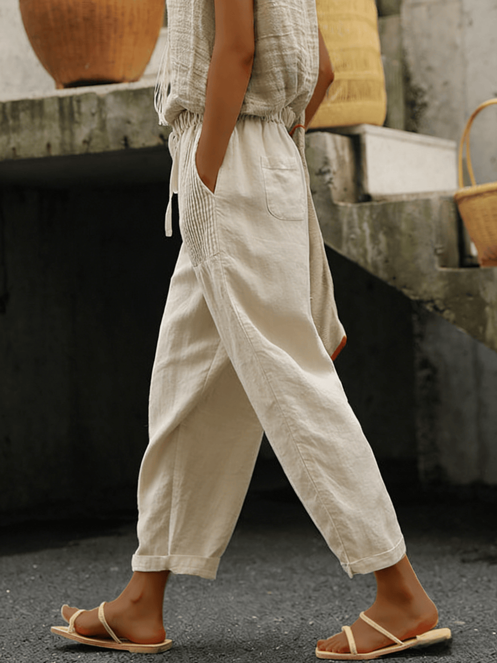 Women's Breathable Textured Cotton Linen Drawstring Cropped Pants