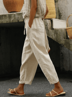 Women's Breathable Textured Cotton Linen Drawstring Cropped Pants