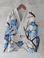Japanese Style Blue Embroidery Print Women'S Kimono Cardigan