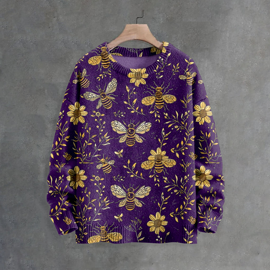 Men's Bees And Flowers Botanical Art Print Casual Knit Crew Neck Sweater