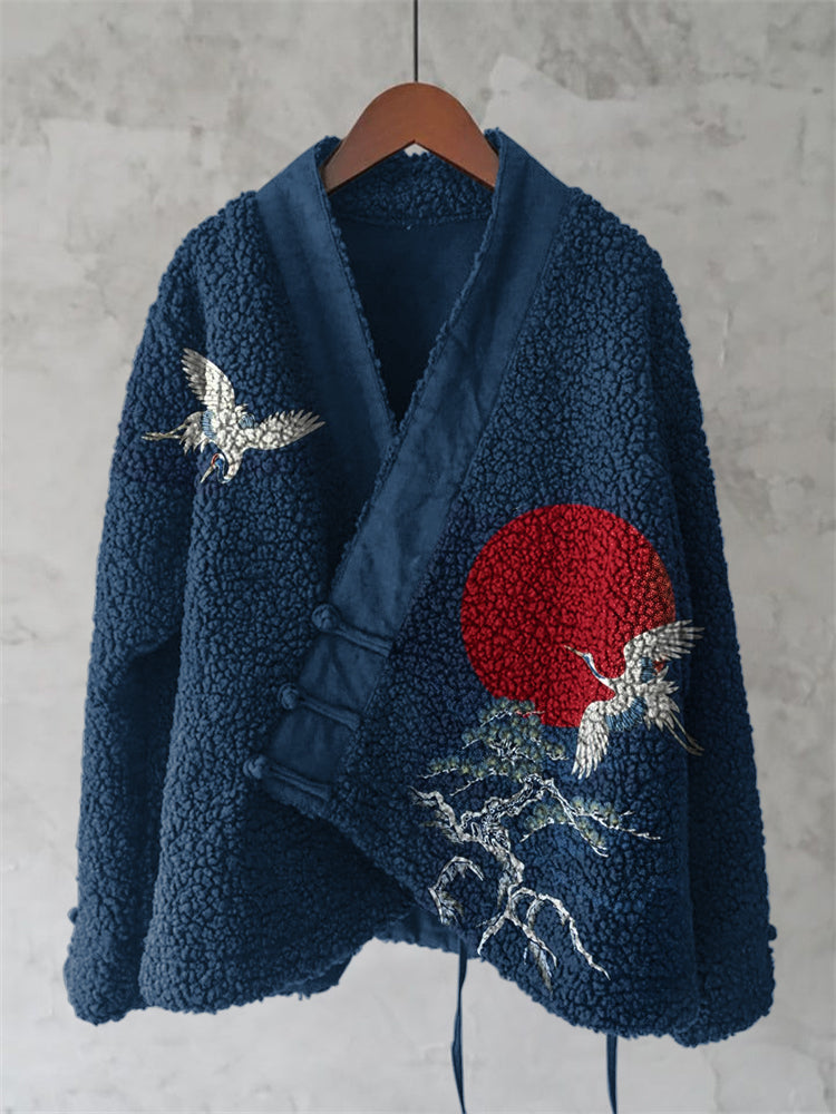 Japanese Style Mountain Sunset Art Plush Cardigan