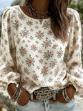 Women's Floral Print Long-Sleeve Linen-Blend Shirt with Round Neck