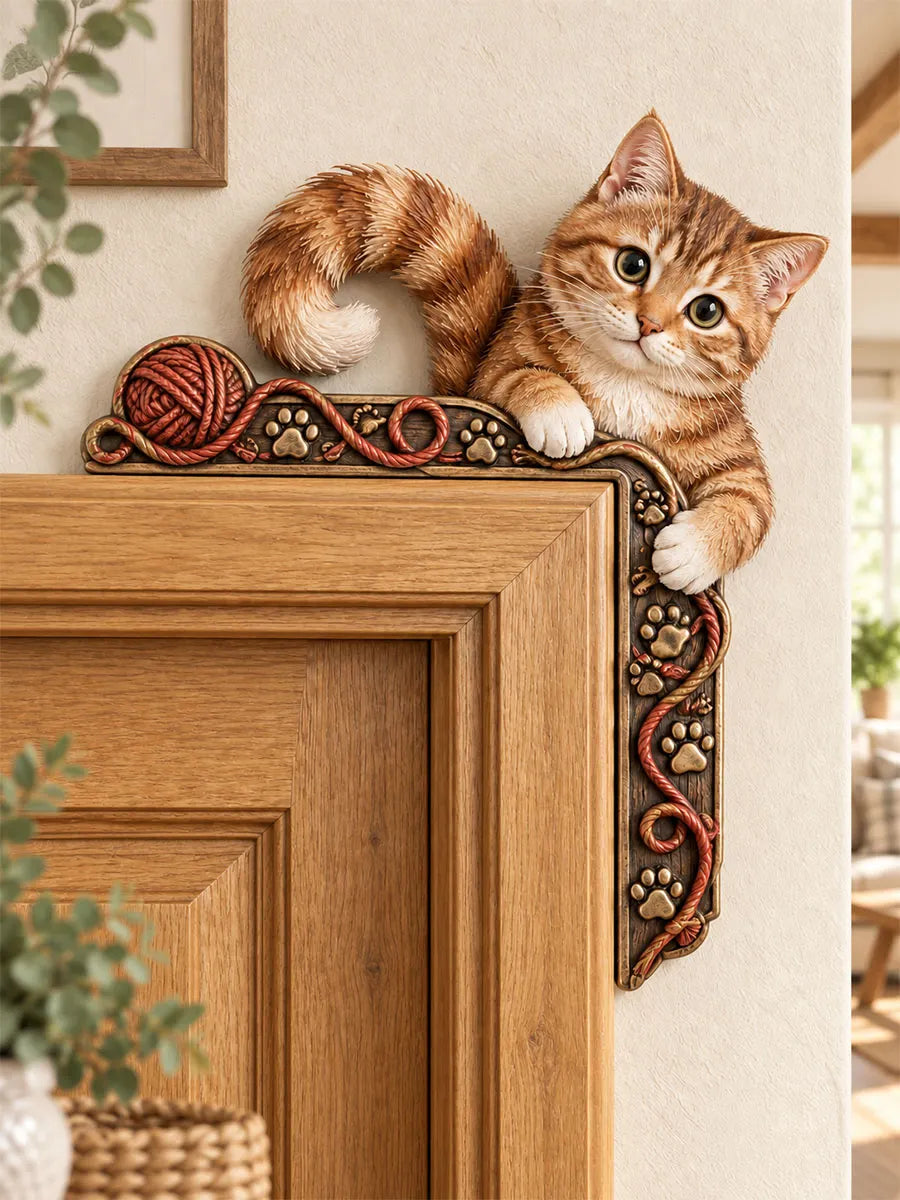 Playful Orange Kitten & Yarn L-Shaped Door Frame Corner Decor