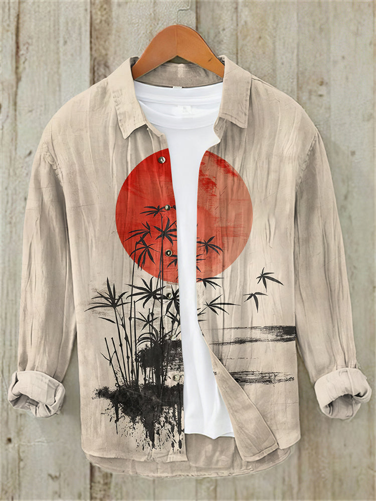 Men'S Japanese Art Button Down Linen Blend Shirt